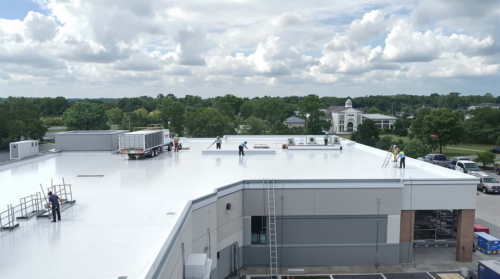 Commercial roofing installation on a business property in Saraland, Mobile County, Alabama by Southern Roofing Systems showing TPO membrane welding with hot air gun and fully adhered insulation board attachment meeting ASCE 7 Wind Zone III wind uplift requirements for Gulf Coast commercial properties with polyiso insulation and mechanically fastened edge metal designed for 140 to 160 mph design wind speeds across Mobile County