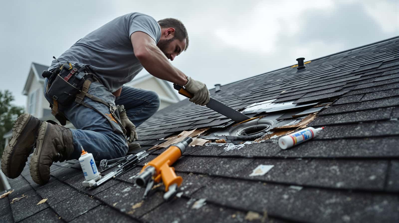 Roof repair in progress on a residential home in Daphne, Baldwin County, Alabama by Southern Roofing Systems showing targeted flashing replacement and shingle repair using wind-rated materials meeting ASCE 7 Wind Zone III specifications for Gulf Coast conditions with ring-shank nails and EPDM pipe boot replacements rated for 140 to 160 mph design wind speeds and 66 inches of annual rainfall exposure across Baldwin County