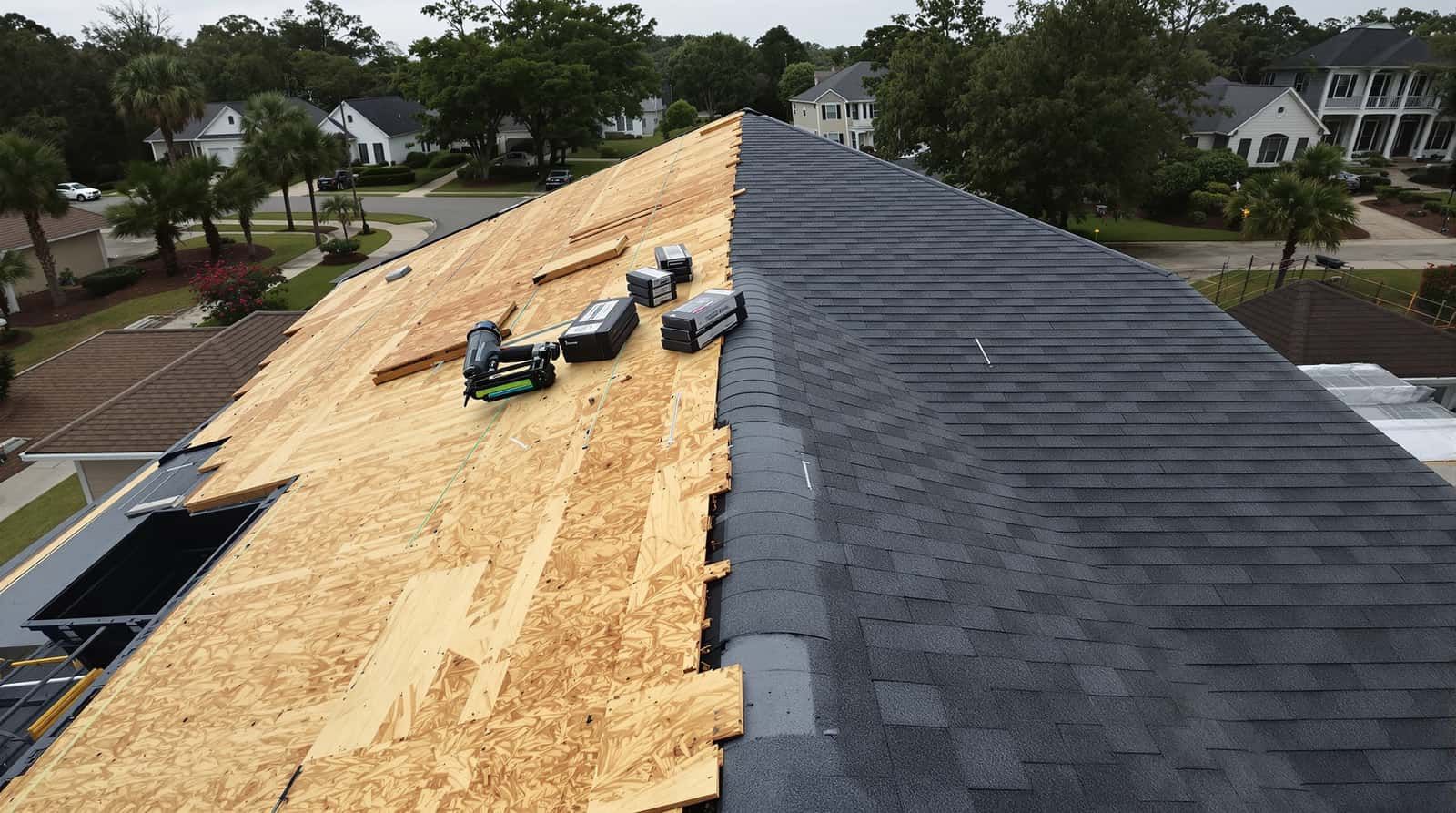 Roof replacement project completed on a residential home in Daphne, Baldwin County, Alabama by Southern Roofing Systems showing new architectural shingles installed over sealed roof deck with synthetic underlayment and ASTM D7158 Class H wind-rated materials meeting ASCE 7 Wind Zone III specifications for Gulf Coast hurricane conditions with six-nail fastener patterns and ice and water shield membrane at eaves rated for 140 to 160 mph design wind speeds across the Baldwin County coastal climate