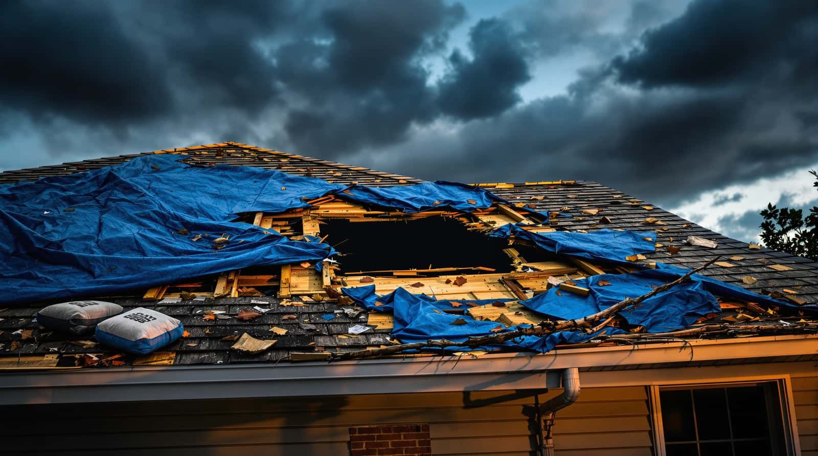 Storm damage roof repair on a residential home in Saraland, Mobile County, Alabama by Southern Roofing Systems showing emergency tarping and wind uplift damage assessment after Gulf Coast tropical storm with insurance claim documentation for Mobile County homeowners including timestamped photographic evidence of shingle loss and flashing failure caused by 140 to 160 mph wind gusts common during hurricane season across the coastal Alabama region
