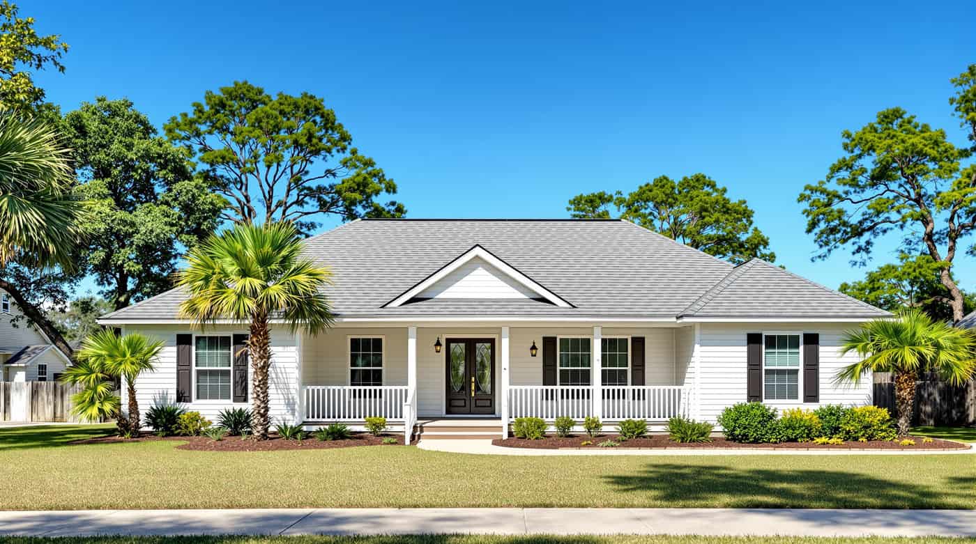 Coastal home in Fairhope, Alabama with a new wind-rated roof installed by Southern Roofing Systems featuring architectural shingles and sealed roof deck meeting ASCE 7 Wind Zone III specifications for Gulf Coast hurricane conditions including salt air corrosion resistance and enhanced fastener patterns required within Baldwin County coastal exposure zones