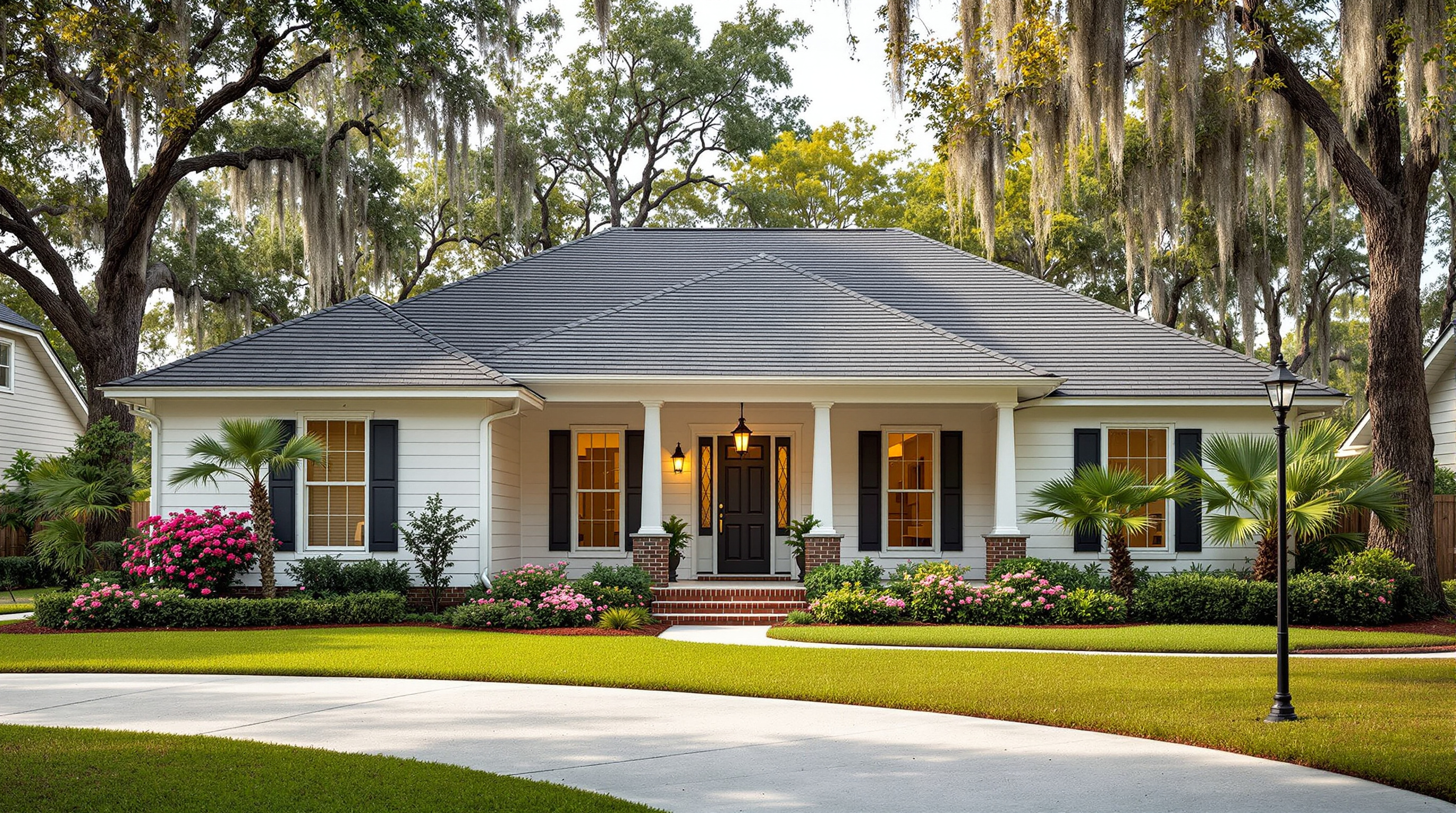 Residential roof replacement completed by Southern Roofing Systems on a home in Theodore, Mobile County, Alabama showing new architectural shingles installed with six-nail pattern and sealed roof deck built for Gulf Coast conditions including 140 to 160 mph design wind speeds and 66 inches of annual rainfall across the southern Alabama climate