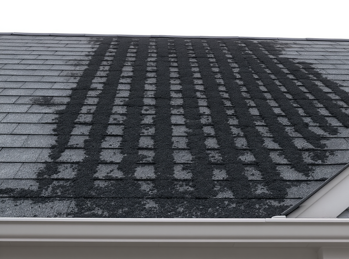 Extensive algae and moss growth on north-facing architectural shingles in Belforest showing compromised granule layer and moisture retention requiring roof cleaning or replacement evaluation by Baldwin County roofing contractor