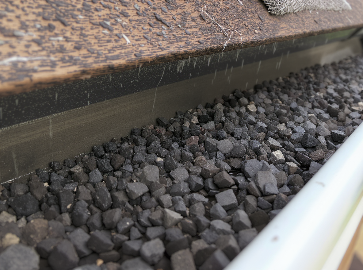 Severe granule loss accumulation in gutters from architectural shingles on Semmes home, demonstrating accelerated weathering from extreme attic heat and inadequate ventilation common in Mobile County's 2000s-era tight construction requiring professional roofing assessment