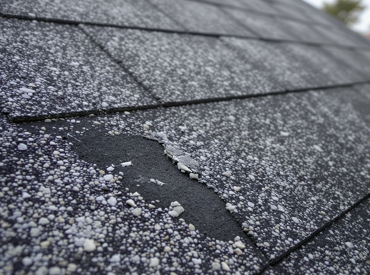 Hail damage bruising on architectural shingles discovered during professional roof inspection in Saraland, Mobile County, Alabama. Spring storm cells along the I-65 corridor frequently cause this type of hidden damage that compromises shingle integrity and requires assessment by licensed roofing contractors