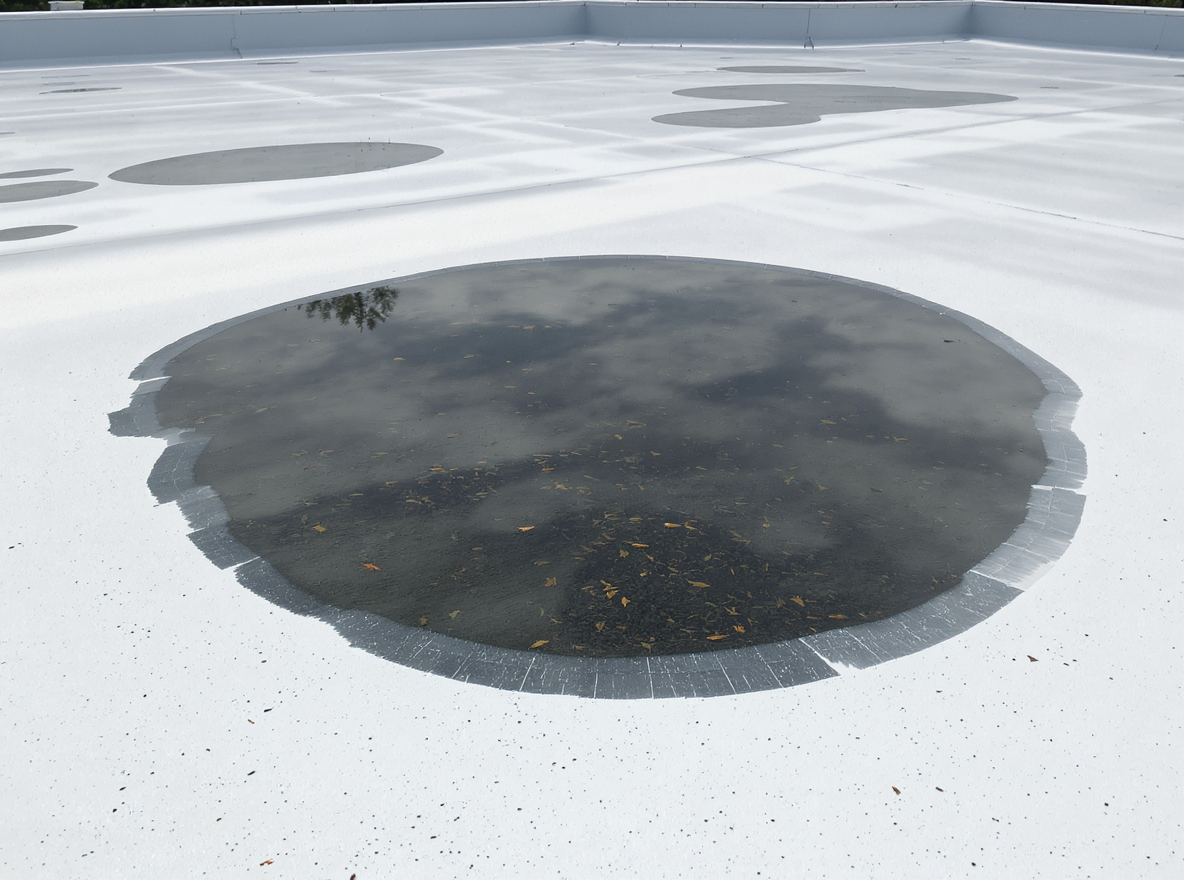 Ponding water accumulation on commercial flat roof membrane in Tillmans Corner showing drainage failure and standing water that accelerates TPO deterioration requiring immediate assessment by licensed roofing contractor in Mobile County Alabama