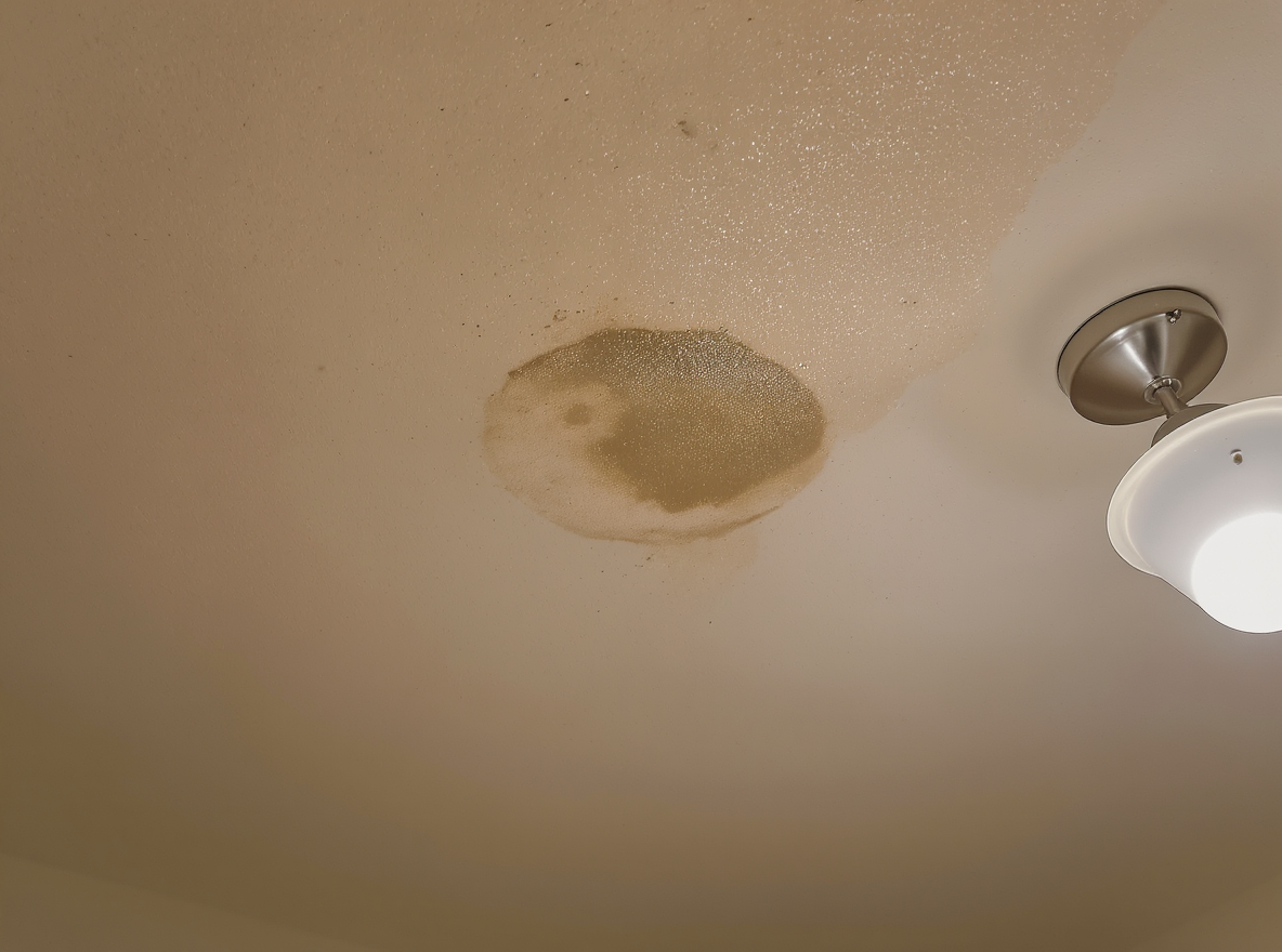 Interior ceiling water damage and staining caused by roof leak in Chickasaw Mobile County home, showing the progression of water infiltration through compromised flashing and underlayment systems common in 1940s residential construction during Gulf Coast storm seasons