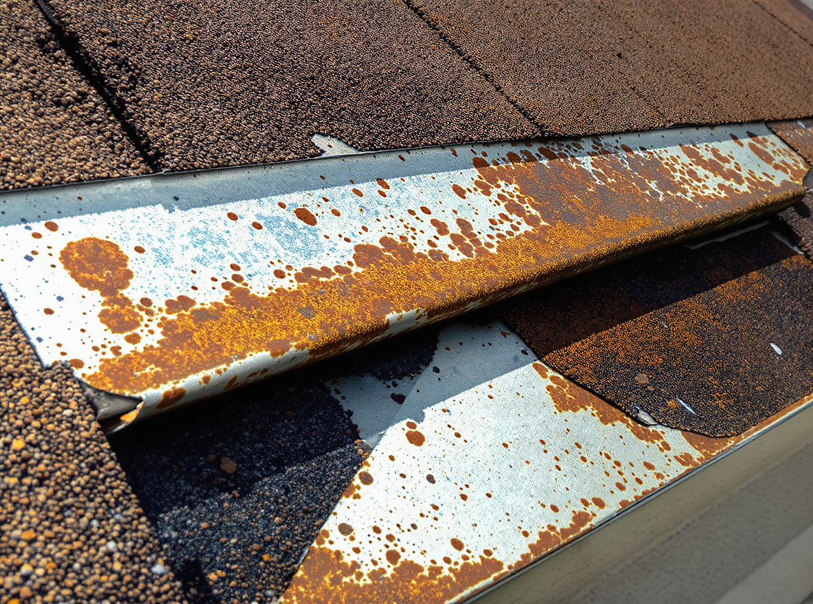 Salt air corrosion damage on roof flashing discovered during inspection in Theodore, Mobile County, Alabama. Coastal proximity accelerates galvanized metal deterioration requiring immediate attention from licensed roofing contractor to prevent water intrusion and structural damage