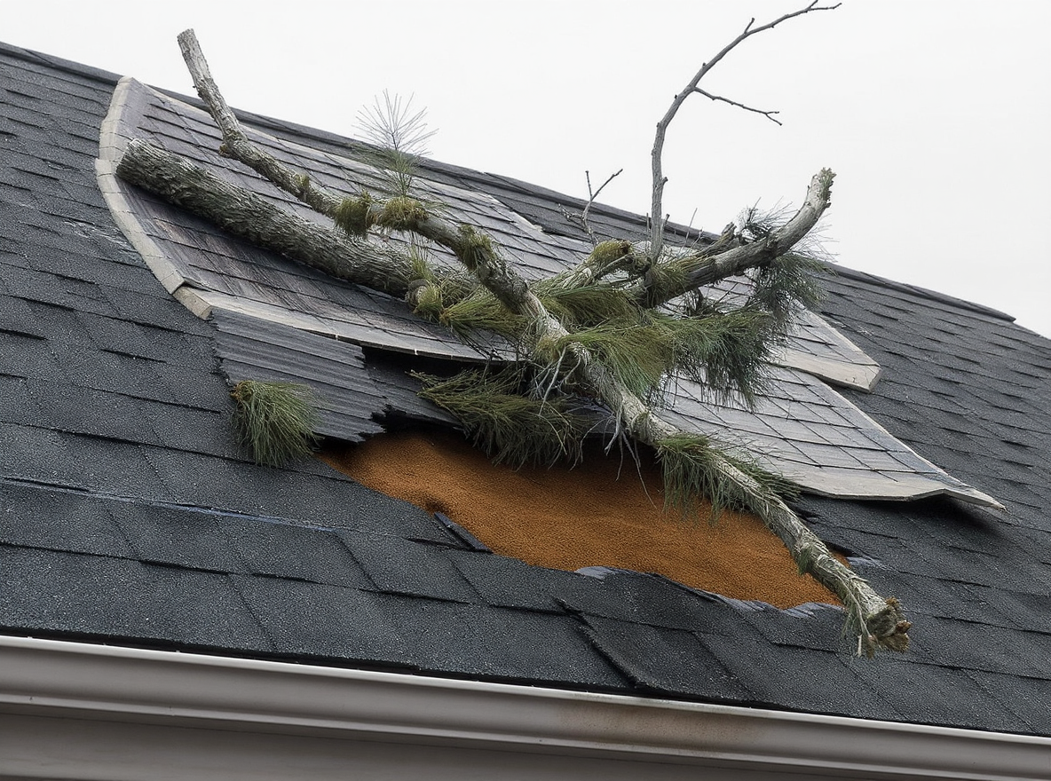 Severe tree limb damage to architectural shingles and roof decking on a Belforest home following storm activity, showing compromised underlayment and exposed structural elements requiring immediate roof repair by licensed Baldwin County roofing contractor