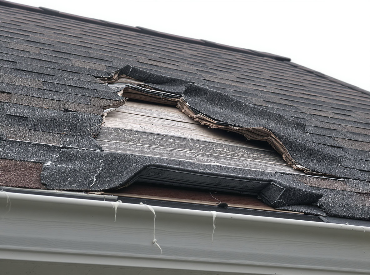 Wind uplift damage on architectural shingles found during roof inspection in Theodore, Mobile County, Alabama. Gulf Coast storm exposure and salt air conditions create accelerated roofing deterioration requiring professional assessment and repair by certified roofing contractor
