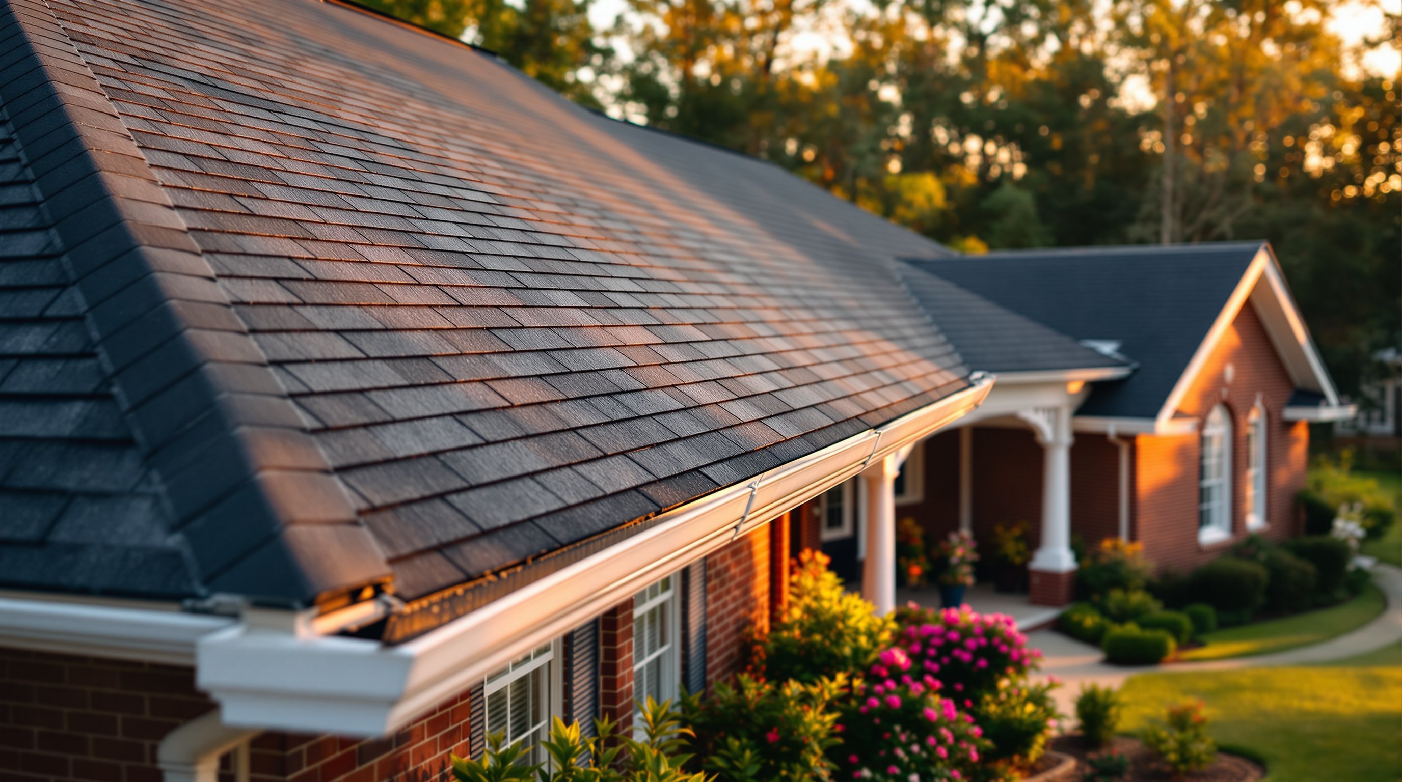 Completed residential roof replacement by Southern Roofing Systems showing new architectural shingles with proper ridge cap installation and clean flashing on a Gulf Coast home, with the homeowner receiving written workmanship warranty documentation and manufacturer material certifications for a roof built to exceed Alabama building codes in Wind Zone III