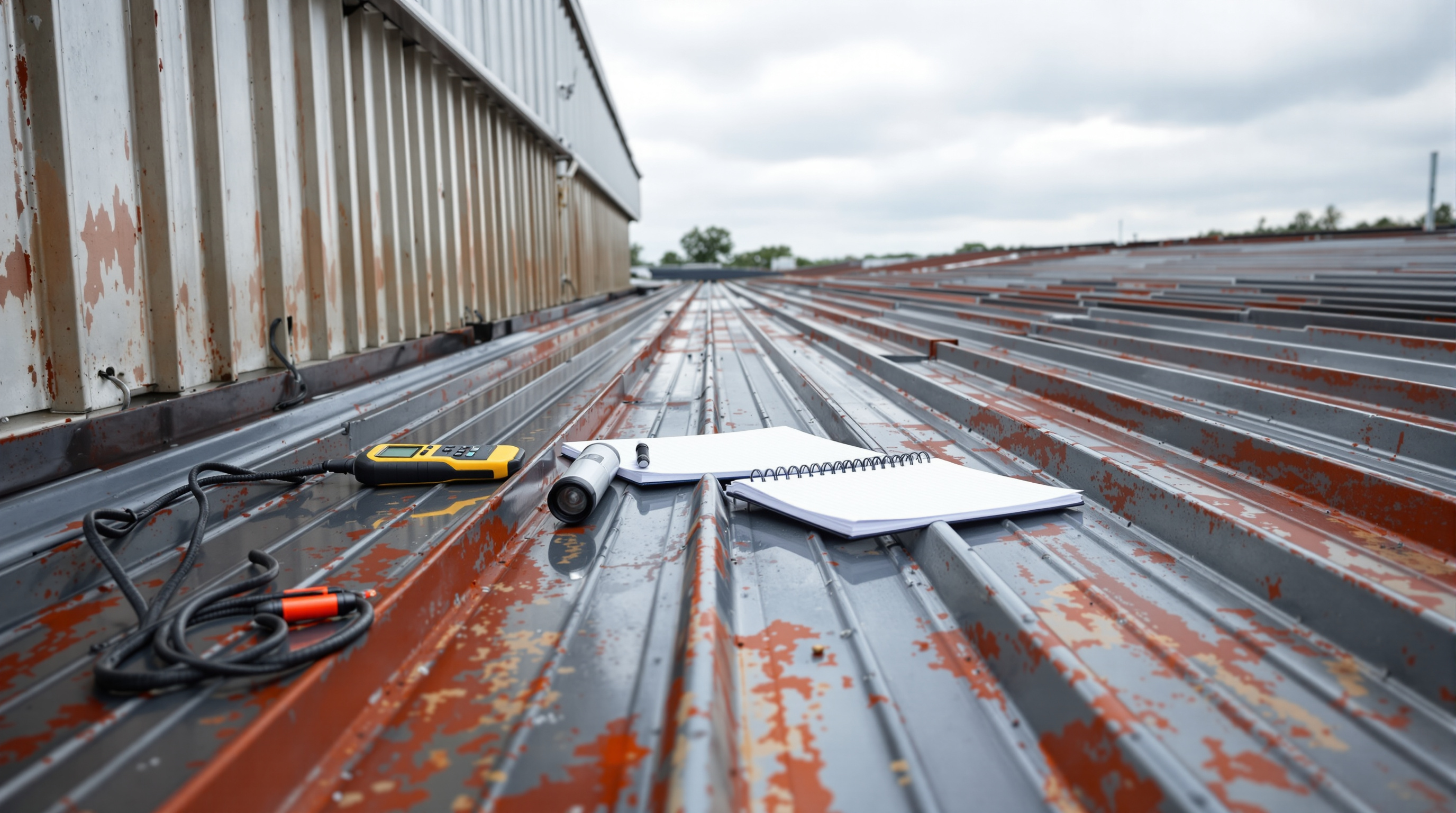 Roofing contractor performing annual maintenance inspection on a commercial standing seam metal roof in South Alabama, checking concealed fastener clip engagement and penetration flashing sealant condition for salt air corrosion damage common on Baldwin County coastal properties, with PVDF coated Galvalume panels showing minimal weathering after years of Gulf Coast exposure