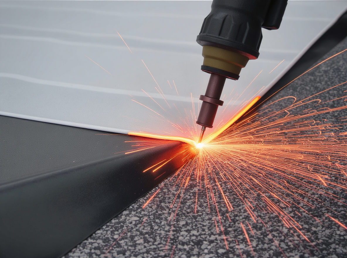 Custom-fabricated TPO membrane flashing being heat-welded around an HVAC curb penetration on a Gulf Coast residential flat roof in Alabama, with the roofing contractor fusing the boot flashing continuously into the field membrane to eliminate the caulk-only termination failures that cause leaks within one to two seasons in South Alabama humid climate, a critical penetration detail for flat roofing systems across Mobile County and Baldwin County