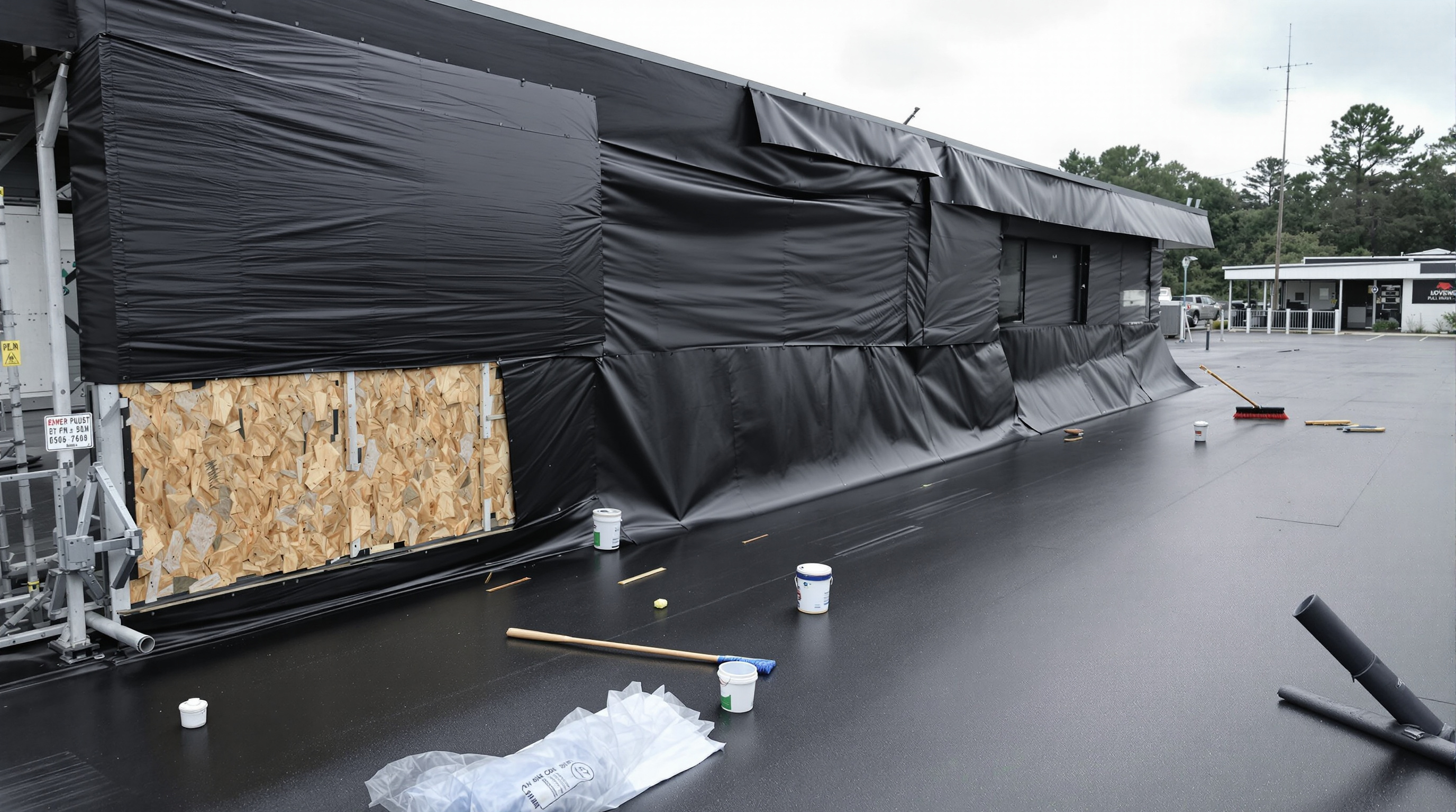 Roofing contractor completing a cost-effective 60-mil EPDM rubber roof installation on a commercial warehouse property in Baldwin County Alabama, demonstrating the fully adhered attachment method required for Wind Zone III compliance where ballasted EPDM is not appropriate for Gulf Coast wind speeds of 140 to 160 mph design conditions