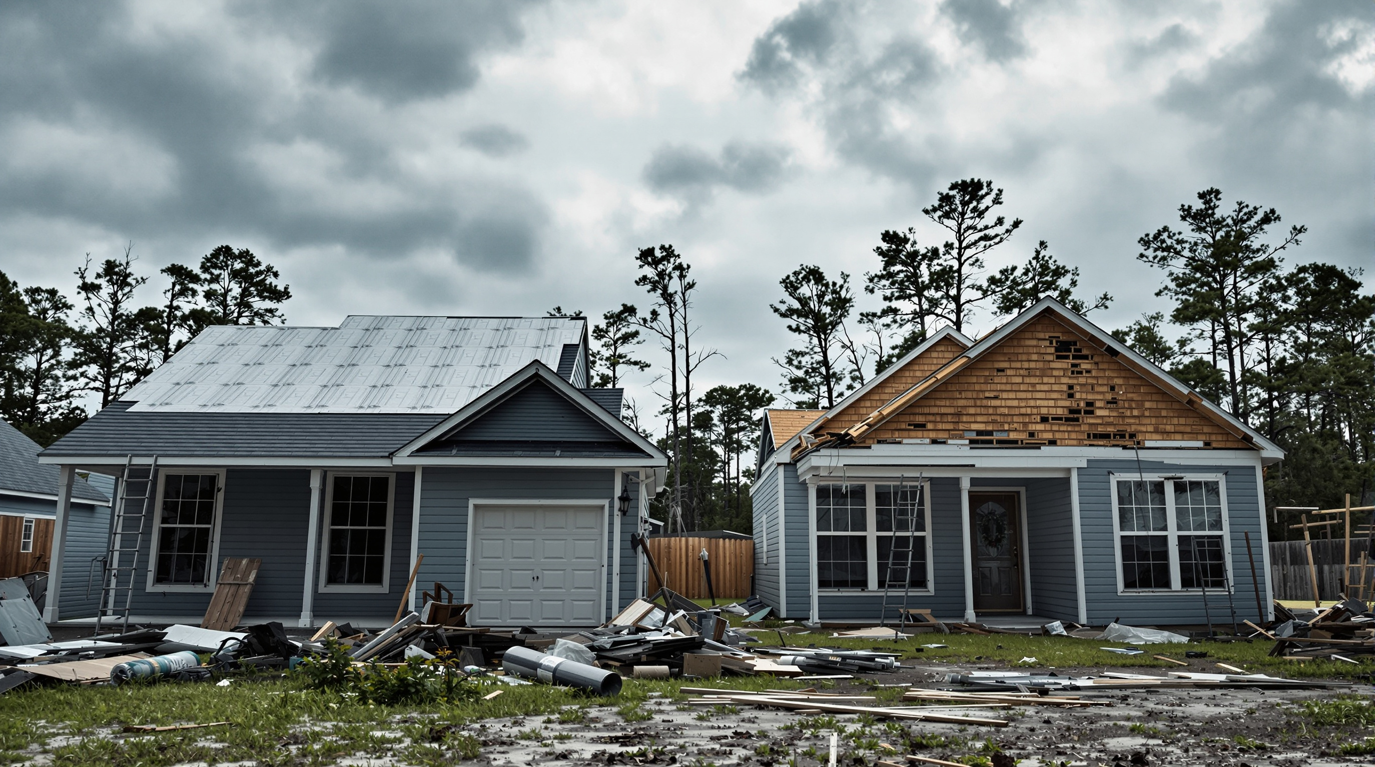 FORTIFIED Roof designated residential home standing intact after a Gulf Coast hurricane with the sealed roof deck and ring-shank nail pattern having protected the interior from water intrusion despite shingle displacement, photographed in a South Alabama neighborhood where non-FORTIFIED homes on the same street sustained significant interior damage, demonstrating the real-world hurricane performance documented by IBHS after Hurricane Sally and Hurricane Michael across Mobile County and Baldwin County Alabama