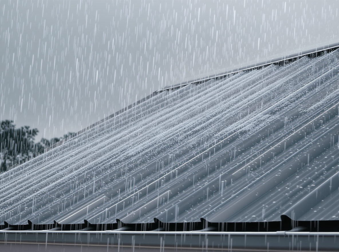 Standing seam metal roof actively shedding heavy rainfall on a coastal Alabama home during a Gulf Coast thunderstorm with water sheeting cleanly off the bronze Kynar 500 coated panels without pooling, demonstrating the superior rain performance of concealed clip metal roofing systems in South Alabama where 66 inches of annual precipitation and salt air corrosion make material specification critical for homes in Baldwin County near Mobile Bay and the Gulf of Mexico