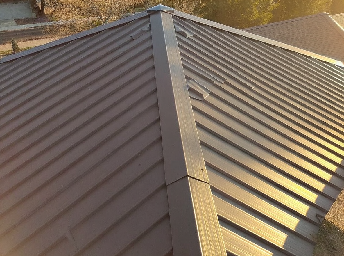 Standing seam metal roofing panels installed with concealed clip attachment on a coastal Alabama residential home showing raised vertical seams running ridge to eave with no exposed screws, the engineered Kynar 500 PVDF-coated Galvalume steel system rated for 140 to 160 mph wind uplift in Gulf Coast Wind Zone III that delivers a 40 to 60 year lifespan across Mobile County and Baldwin County where salt air corrosion demands proper panel specification