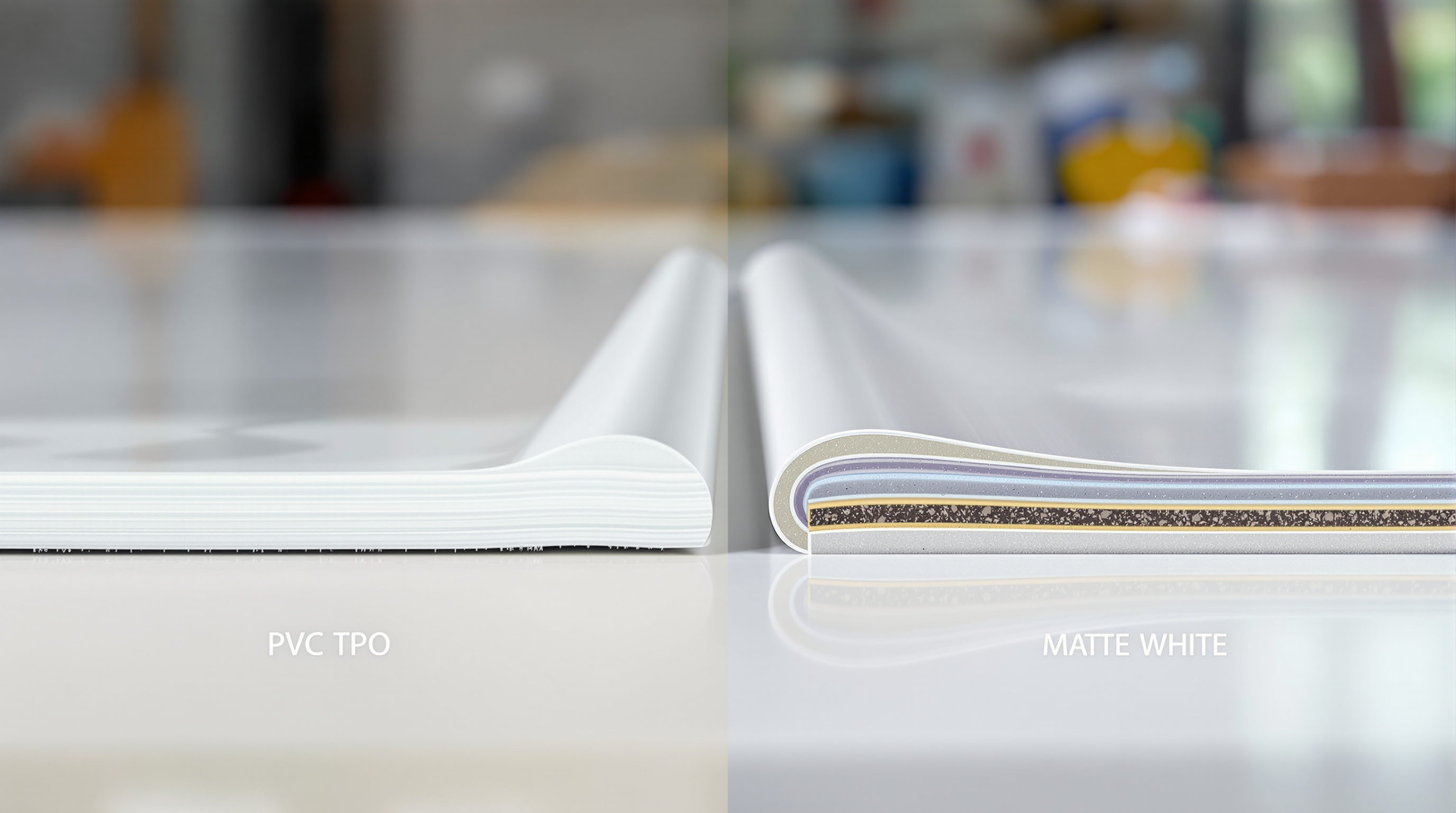 Side-by-side comparison of PVC and TPO commercial roofing membrane samples showing the white reflective surfaces of both hot-air welded single-ply systems, with PVC offering superior chemical and grease resistance and UL Class A fire rating for Gulf Coast commercial buildings in Mobile County and Baldwin County Alabama where both meet Wind Zone III requirements