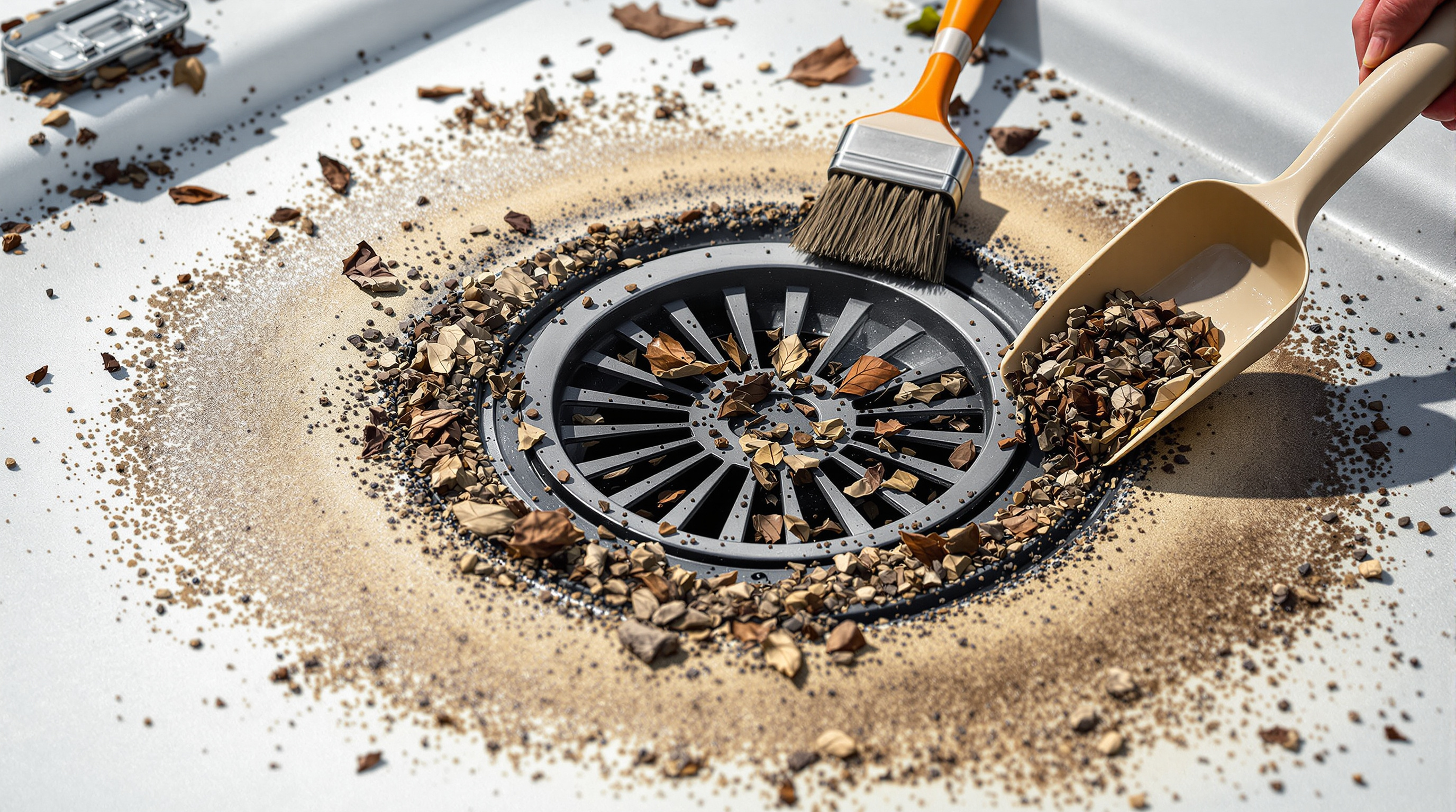 Roofing contractor clearing debris from a commercial flat roof drain body during a scheduled maintenance inspection in Mobile Alabama, removing leaves and subtropical tree debris that cause ponding water and accelerate membrane degradation on Gulf Coast commercial properties receiving 66 inches of annual rainfall across Mobile County and Baldwin County