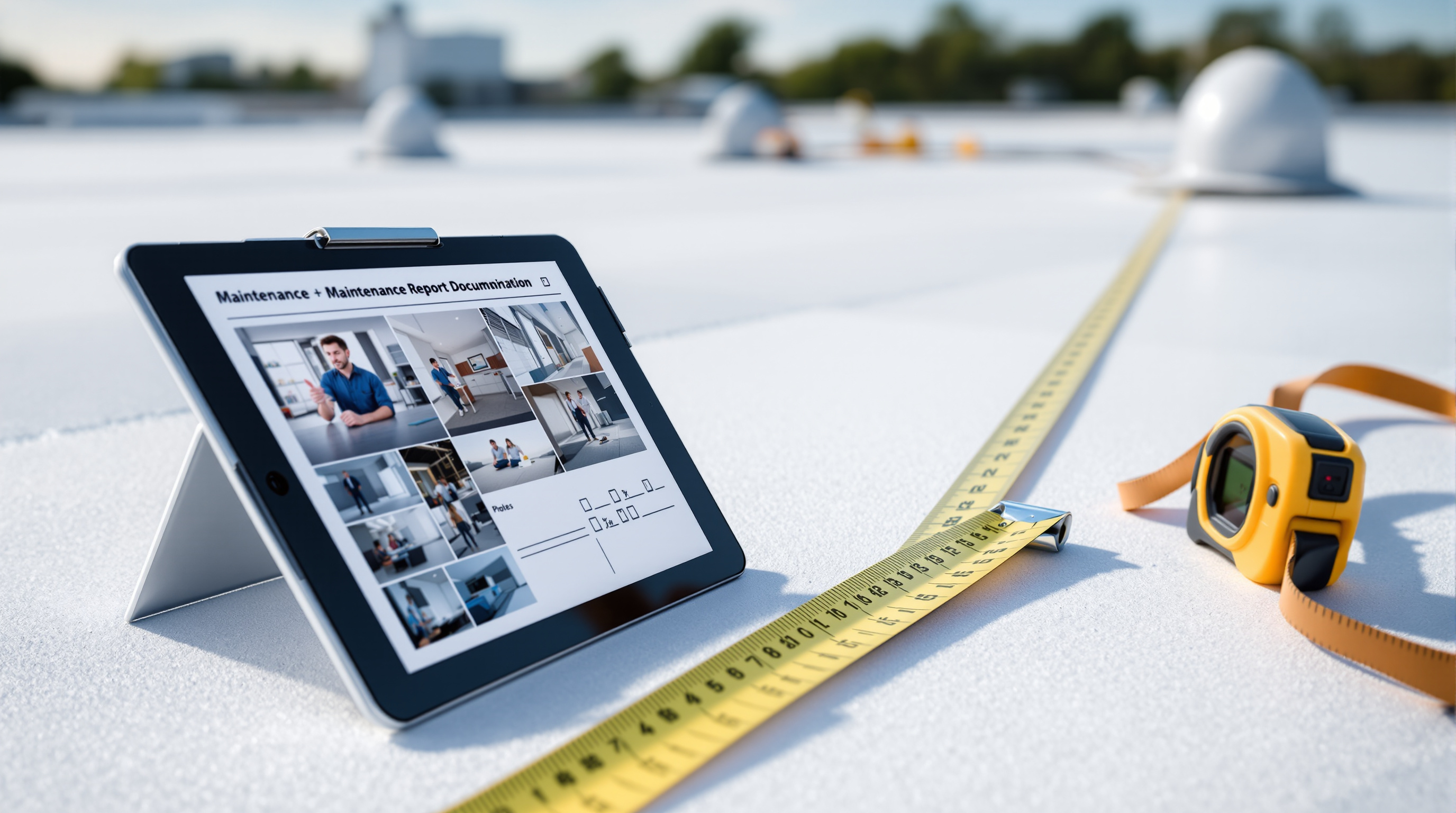 Licensed roofing contractor completing a written commercial roof condition report with detailed photographs during a biannual membrane inspection on a Baldwin County Alabama flat roof, documenting seam integrity and penetration flashing condition for warranty compliance and pre-hurricane season insurance baseline documentation on Gulf Coast commercial properties