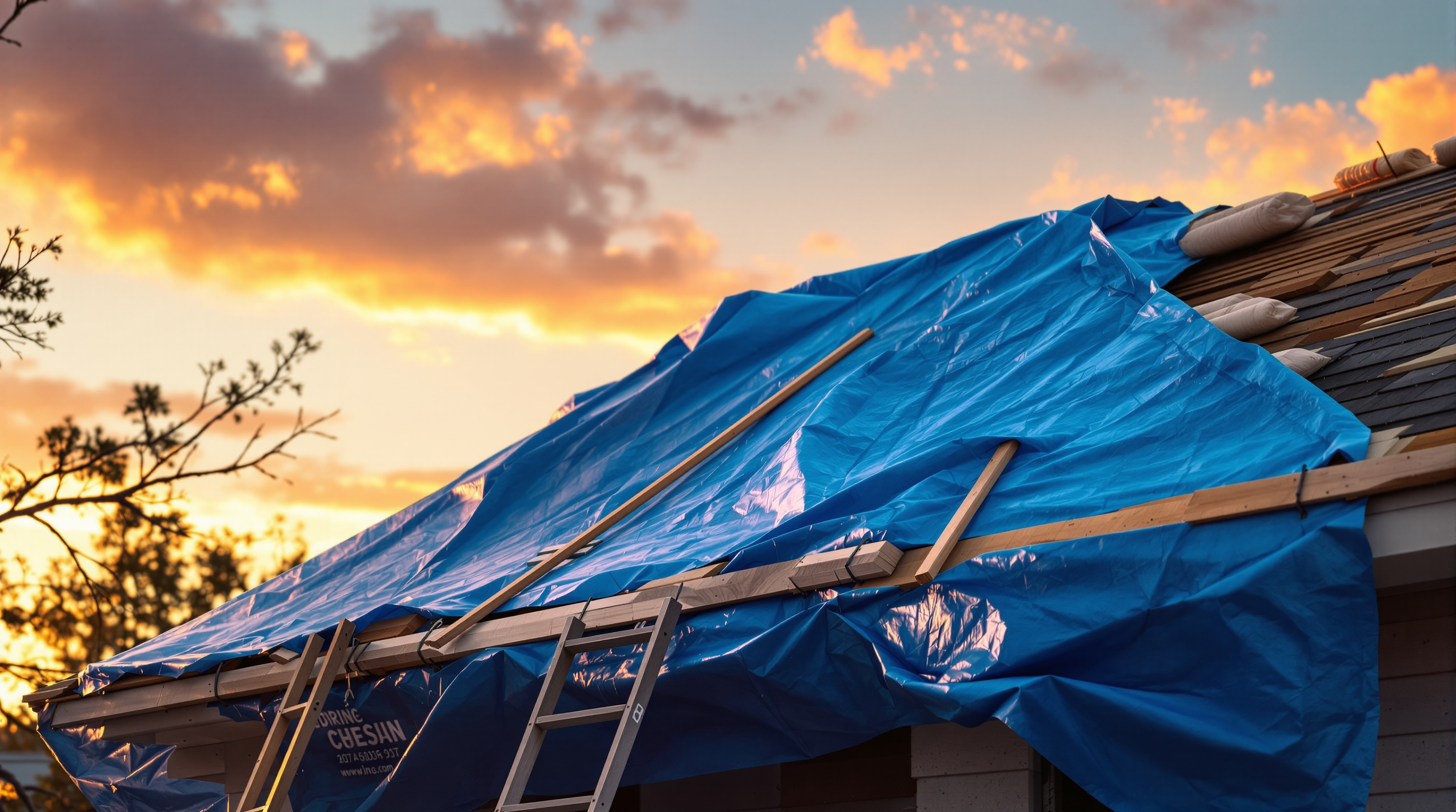 Emergency roof tarping in progress on a storm-damaged South Alabama residential home with a roofing contractor crew securing heavy-duty reinforced polyethylene tarp over exposed roof decking using mechanical fasteners and lumber battens, providing immediate waterproofing protection after wind uplift removed shingles during a Gulf Coast tropical storm event in Mobile County where emergency response prevents further interior water damage
