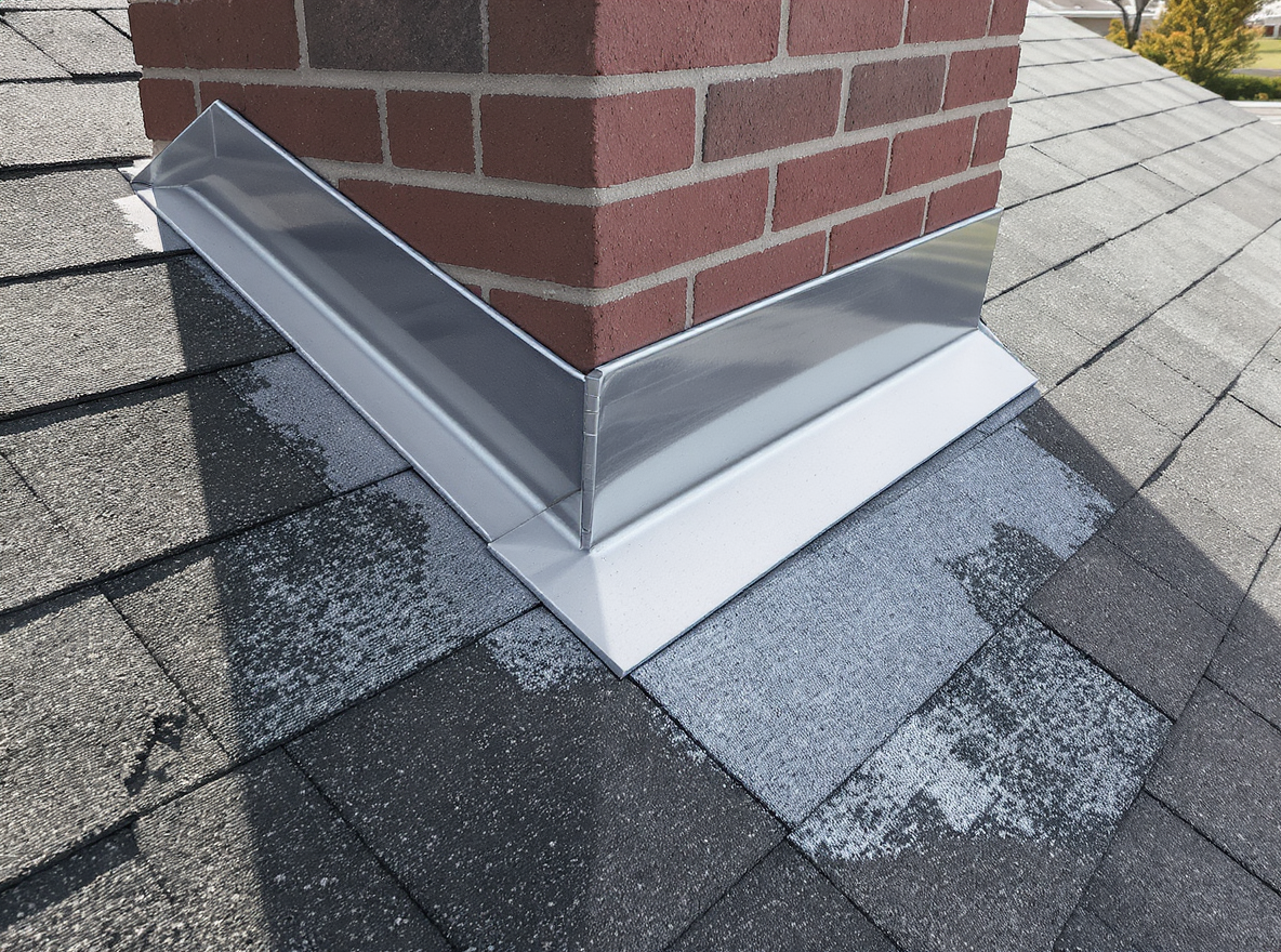 Step flashing and counter-flashing replacement around a masonry chimney on a Gulf Coast residential roof during a roof repair in Baldwin County Alabama, with new galvanized metal step flashing being integrated into existing shingle courses to eliminate the persistent leak caused by corroded original flashing failure, a common repair for South Alabama homes where salt air and humidity degrade pipe boot seals and chimney flashings