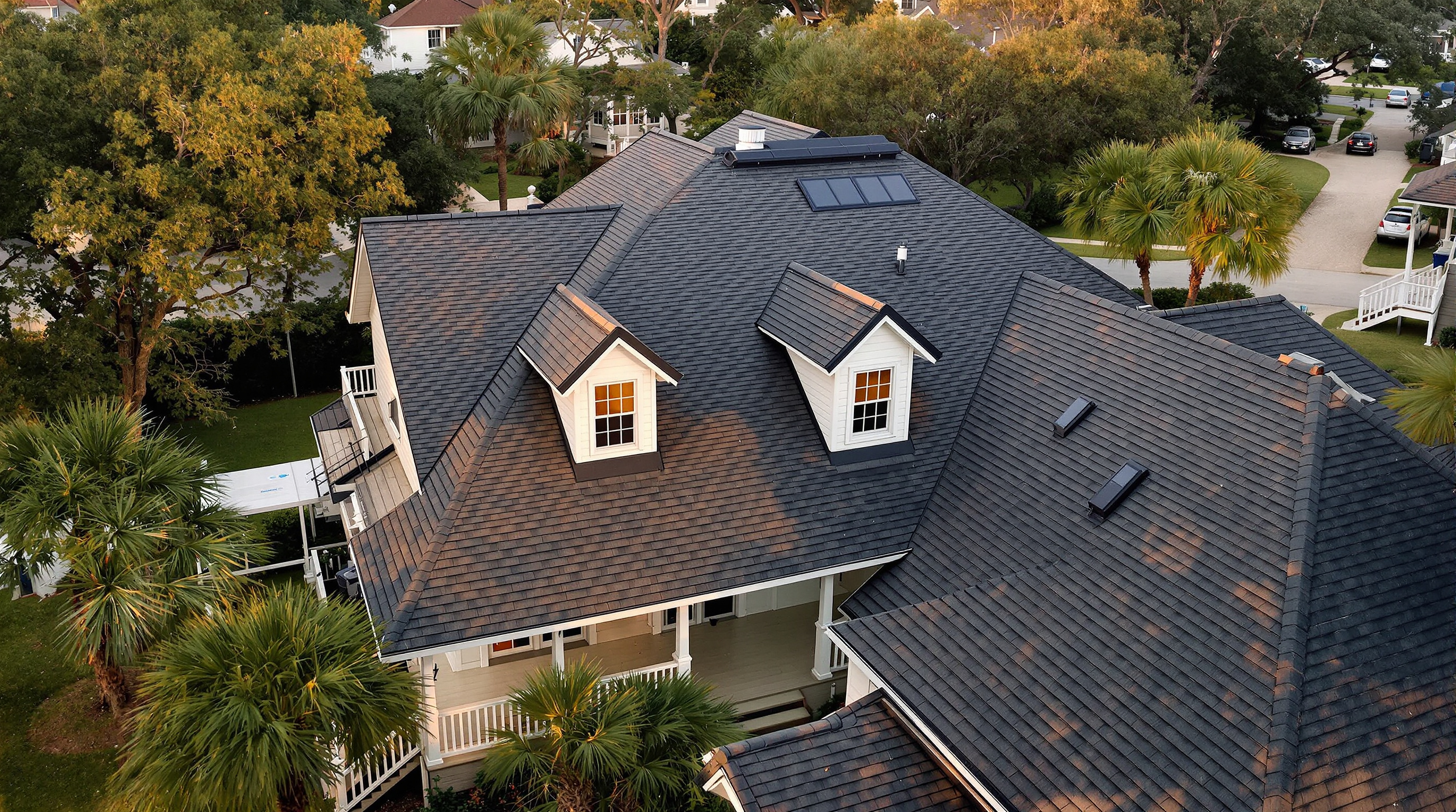 Aerial view of a completed storm damage roof repair on a residential home in Mobile County Alabama with fresh architectural shingles installed in a six-nail pattern over new synthetic underlayment and sealed roof deck, the finished result of a full hurricane damage restoration by a licensed local roofing contractor who has served the Gulf Coast since 2018 with offices across Mobile and Baldwin County