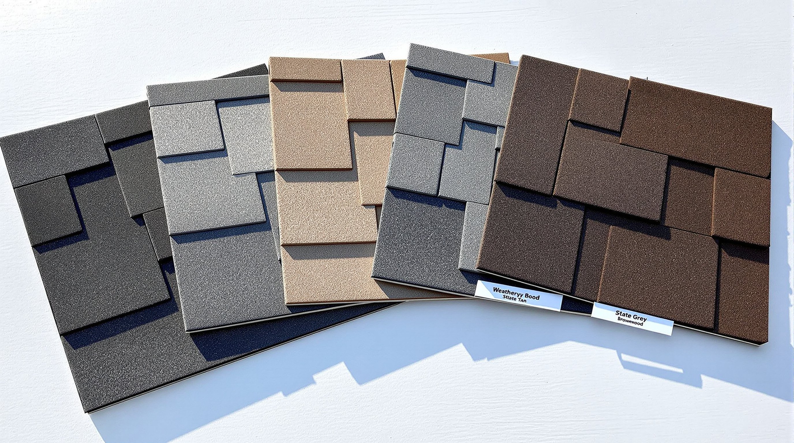 Array of architectural shingle color samples fanned out on a worktable during a roof replacement consultation in South Alabama showing charcoal, weathered wood, slate grey, and desert tan finish options, all Class 4 impact-rated and ASTM D7158 wind-rated shingles specified by a licensed Gulf Coast roofing contractor for residential homes across Mobile County and Baldwin County where salt air and UV intensity demand premium material selection