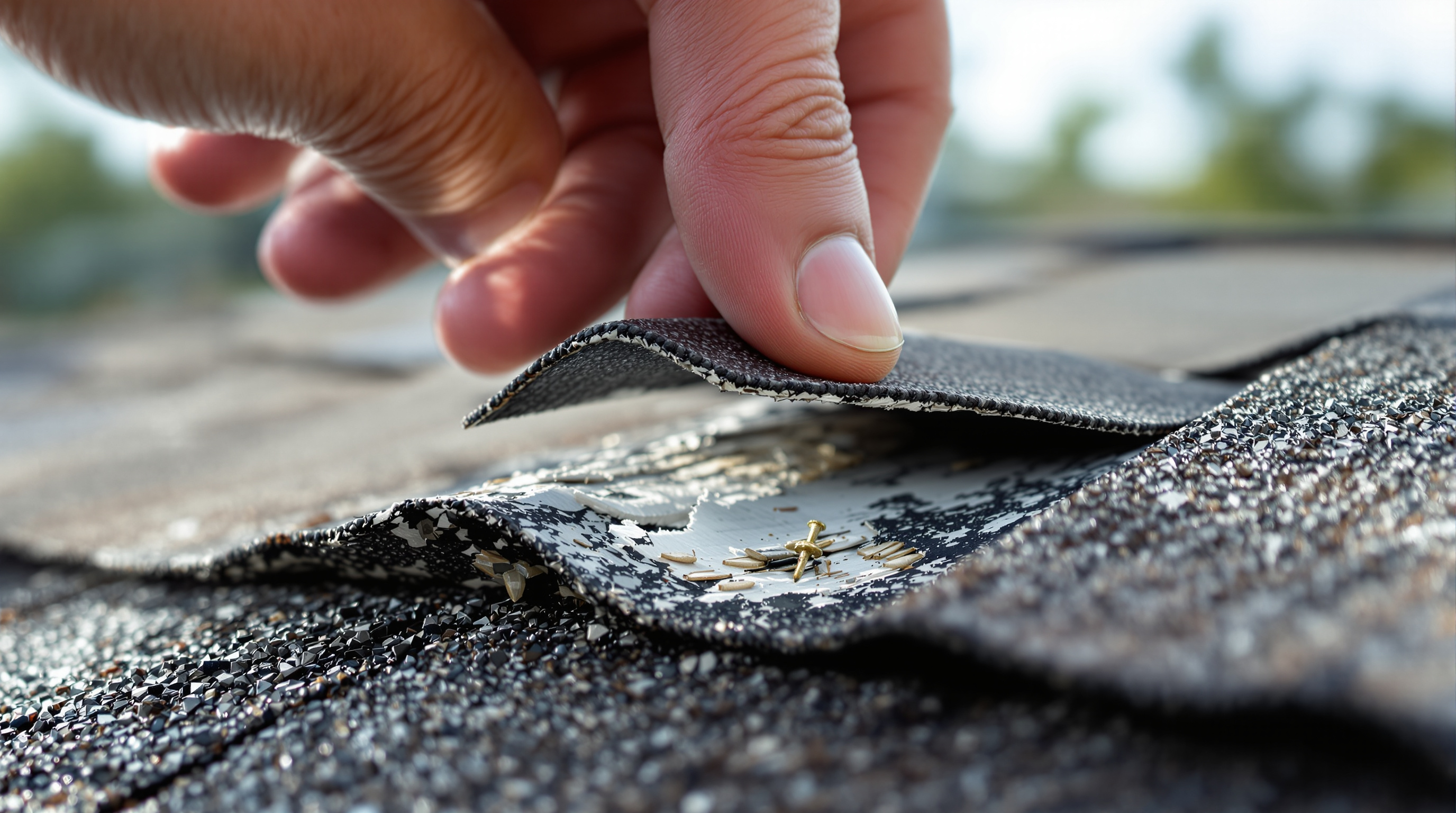 Hidden wind uplift damage discovered during a post-storm roof inspection in Mobile County Alabama showing shingle adhesive bond failure where tabs lifted and reseated during a Gulf Coast tropical storm event, appearing intact from the ground but providing zero rain protection, the most dangerous type of storm damage that only a licensed roofing contractor with physical roof access and attic-side leak detection can identify before the next rainfall causes interior water damage