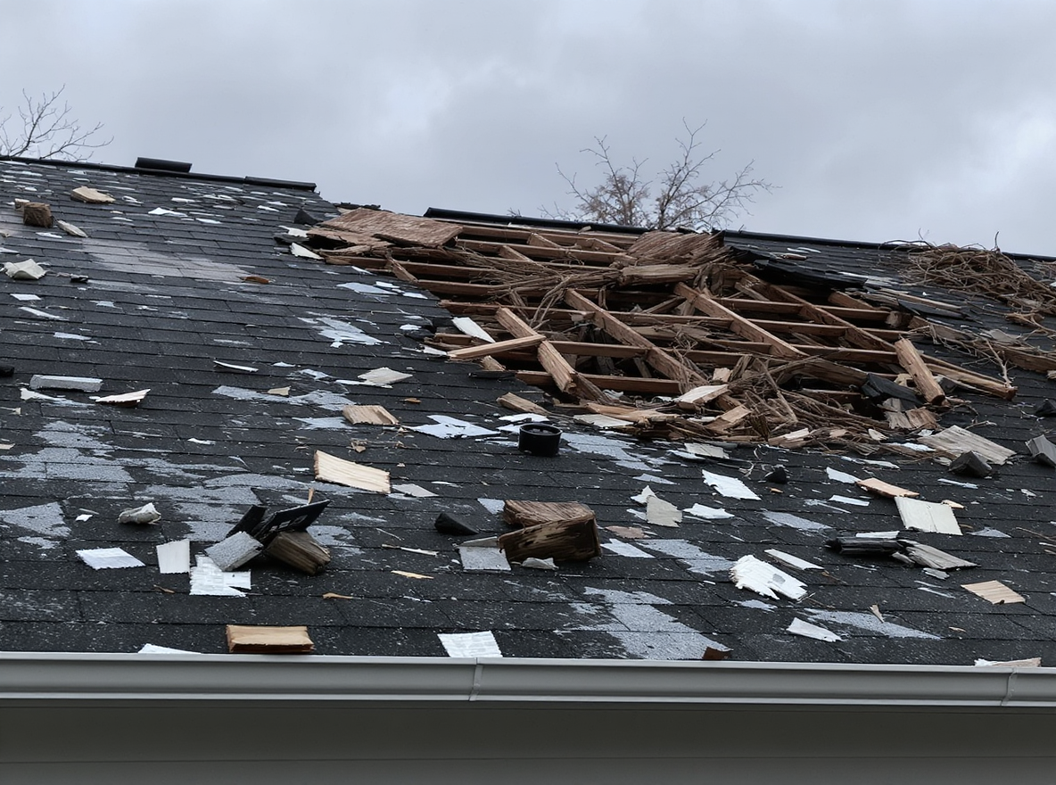 Wind-damaged asphalt shingles lifted and displaced across a residential roof in South Alabama after a Gulf Coast hurricane showing wind uplift that broke adhesive strip bonds and pulled smooth-shank nails from the decking, exposing bare felt underlayment to rain infiltration in Mobile County where Hurricane Sally and similar Category 2 storms with 105 mph sustained winds cause widespread storm damage requiring emergency roof repair and insurance claim documentation